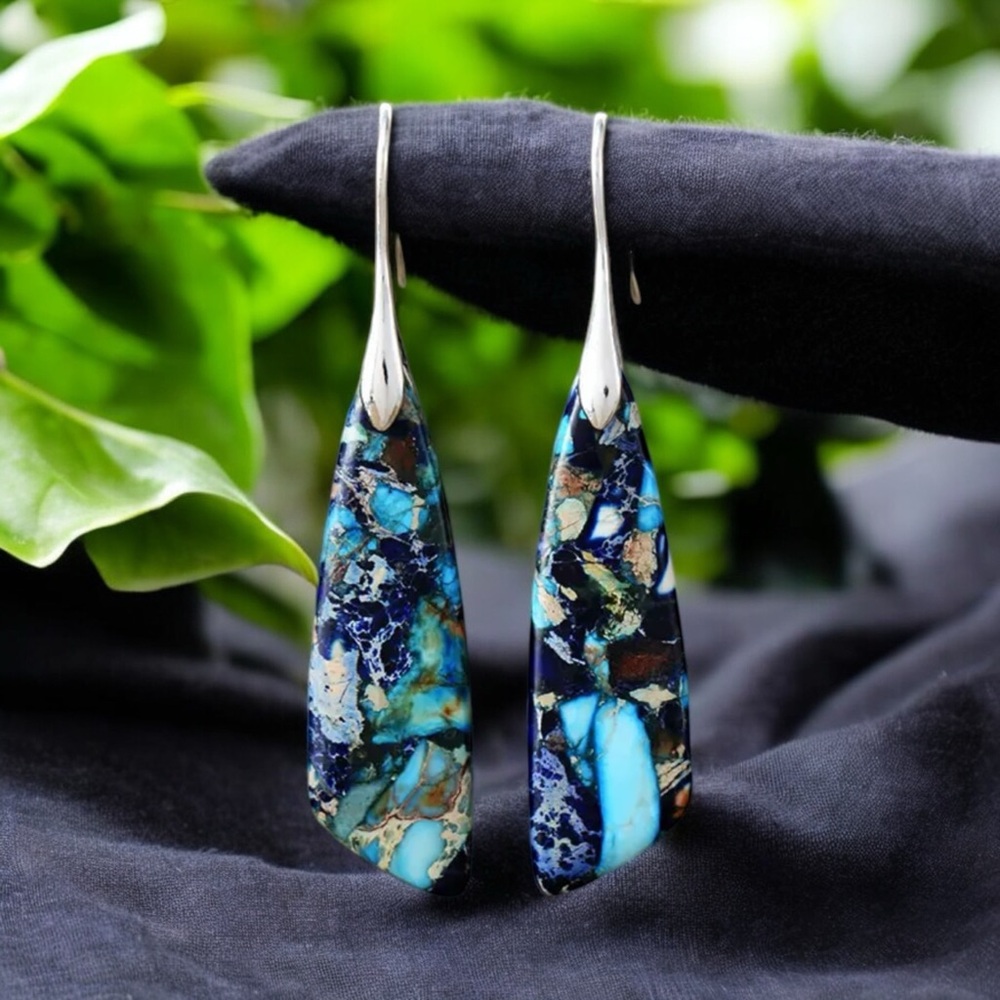 Dangle hook silver blue agate multi geometric earrings BRAND-NEW✨
